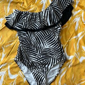 Tommy Bahama One Shoulder Black White Swim Suit Palms Size 8